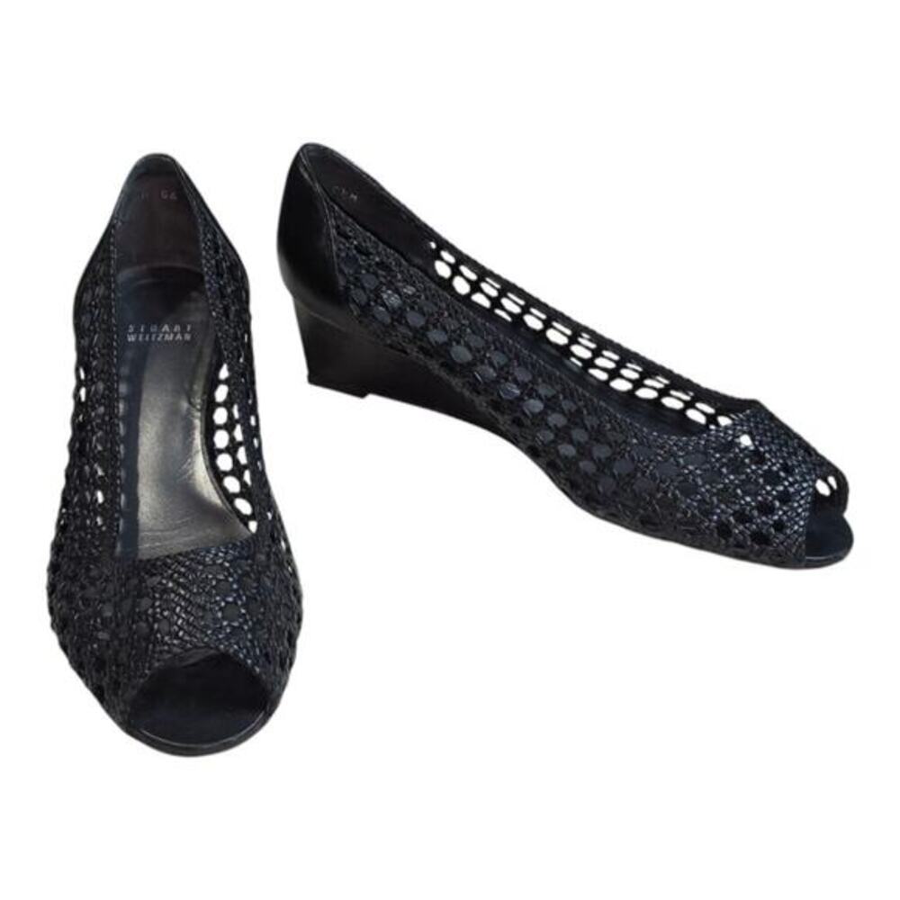 Stuart Weitzman Passive Black Leather Wedge Open Toe Women's Shoes Size 9.5